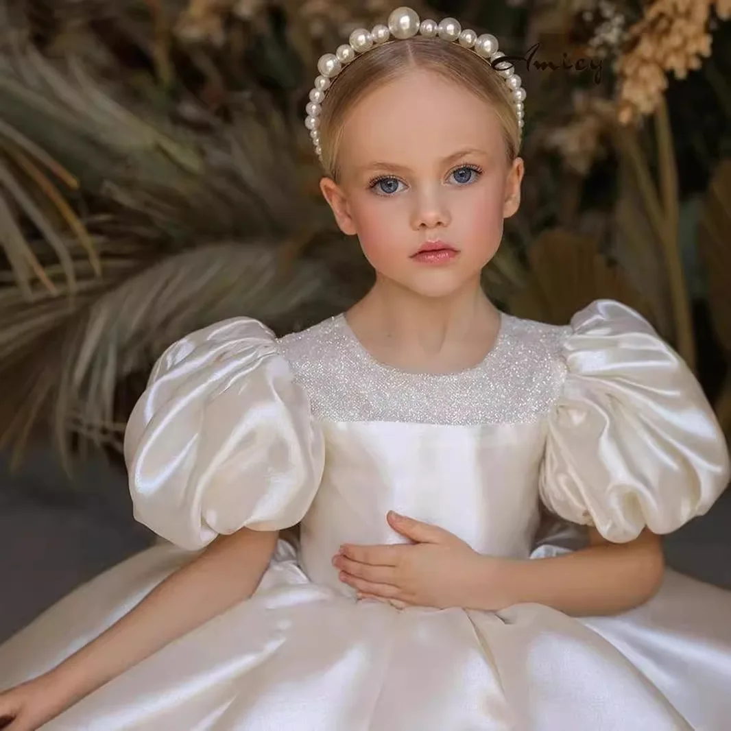 2026 New Princess Dress White Puff Sleeve Satin Flower Girl Host Birthday Evening Dress Crewneck Zipper