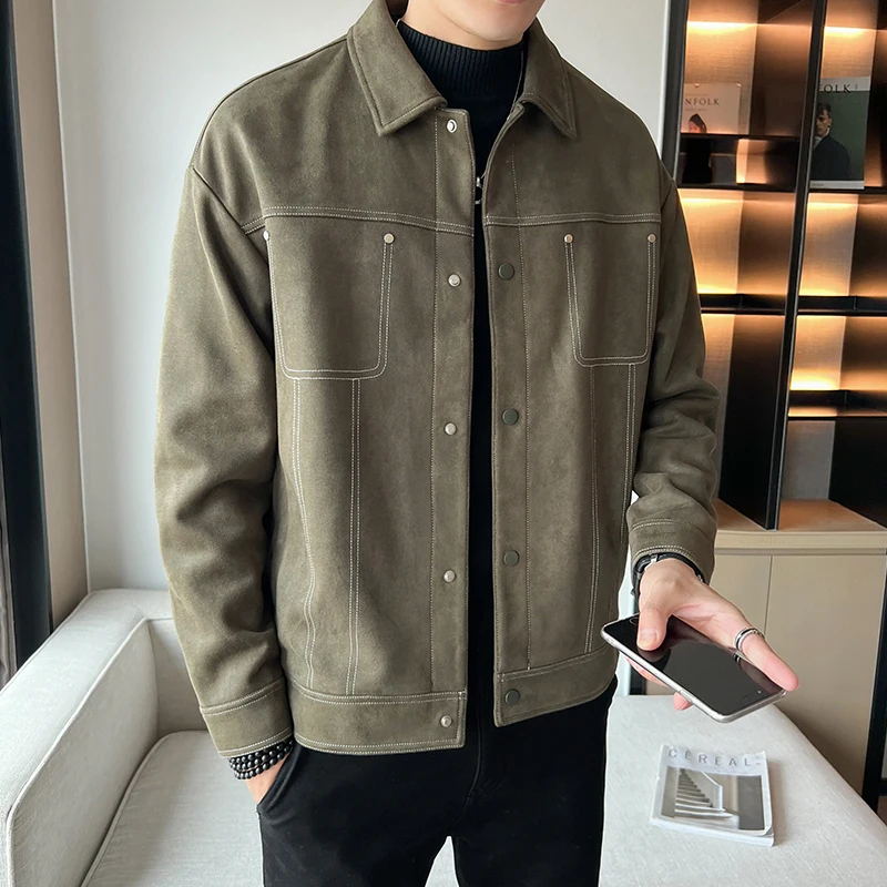 Giacca da uomo con risvolto di alta qualità giacca da uomo in pelle scamosciata primaverile e autunnale giacca stile minimalista confortevole e alla moda