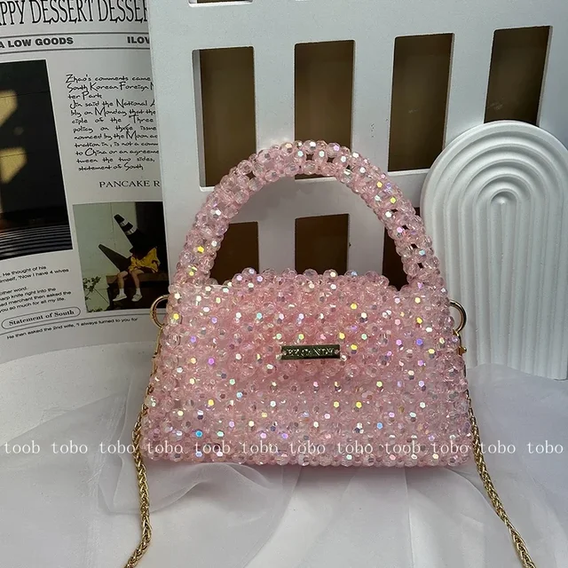 Letnia błyszcząca różowa kopertówka akrylowa z koralikami tkane torebki dla kobiet popularne torby na obiad Crossbody z wewnętrzną