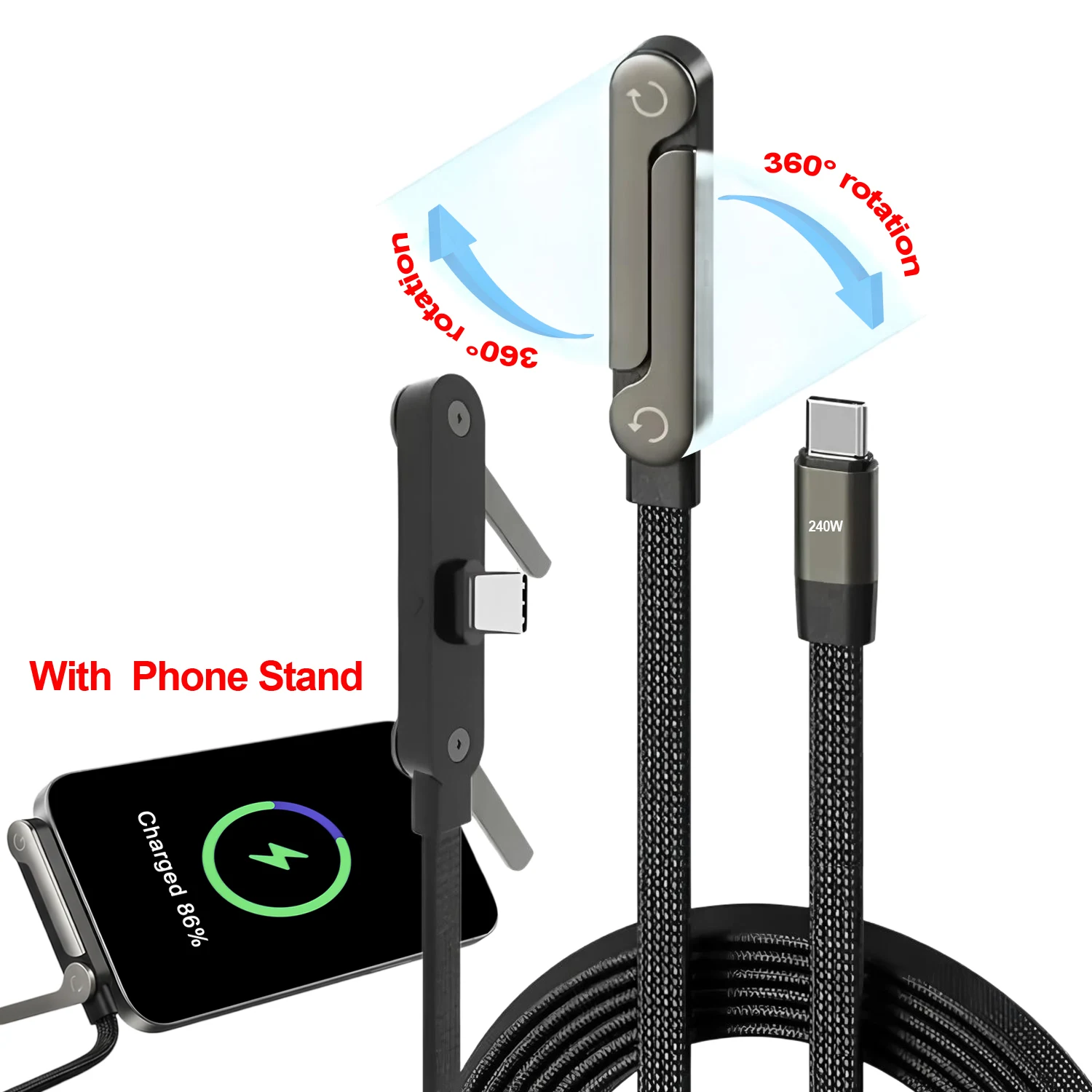 240W Geflochtenes Schnellladekabel mit Integriertem Telefonständer T-förmiges Langlebiges USB-C zu USB-C Ladekabel mit Klappbarem Halter