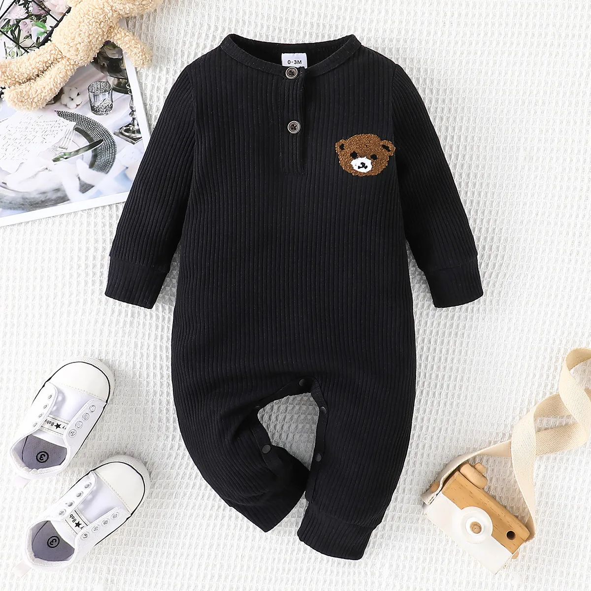 Boys Girls Newborn Jumpsuit Clothes Infant Fashion Embroidery Bear Bodysuit Autumn Casual Romper Spring  Outwear 0-6-9-12-18M