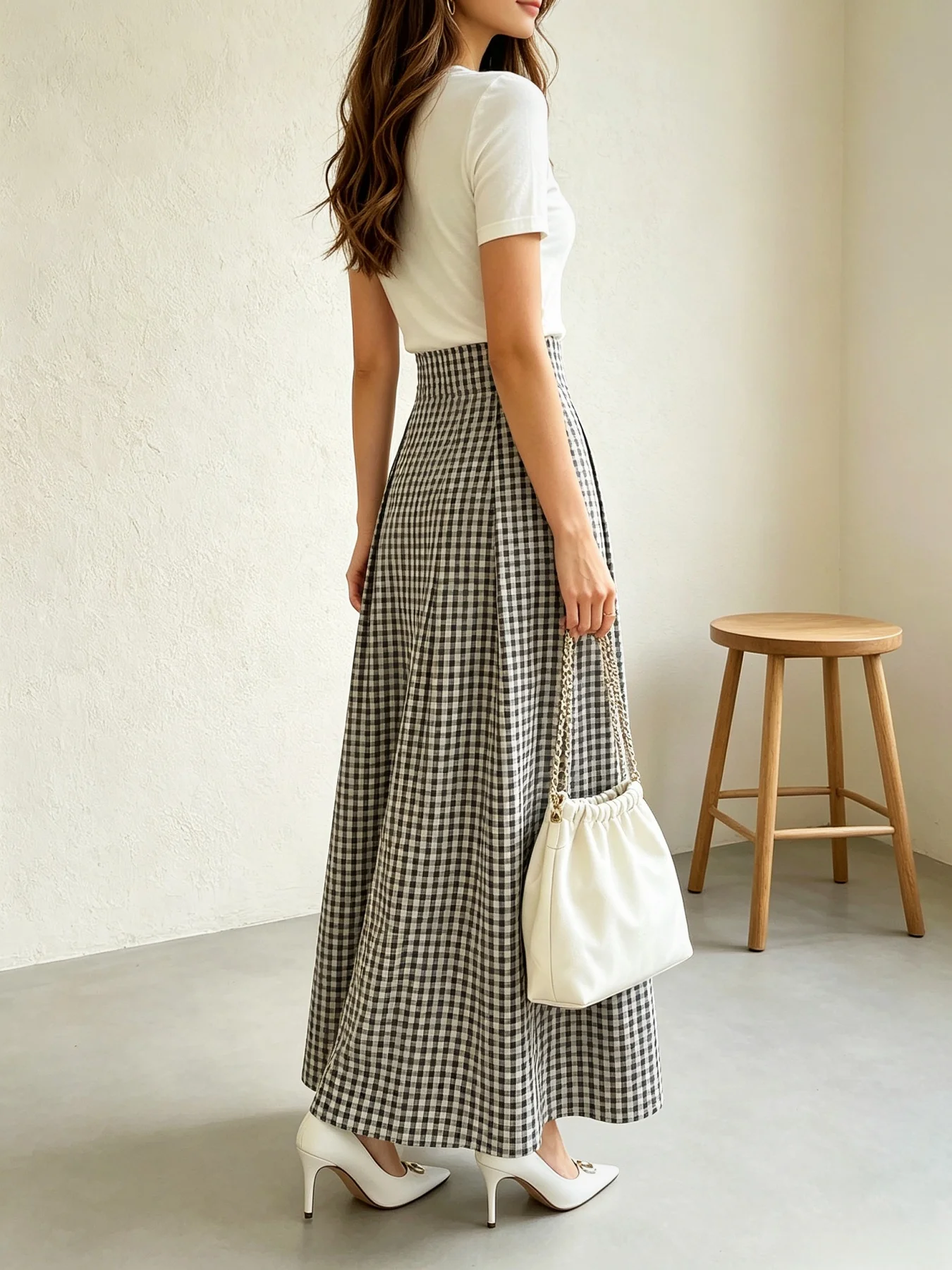 Women Gingham High Waist Pleated Maxi Skirt Vintage A Line Long Skirt Casual Daily Office Bottoms