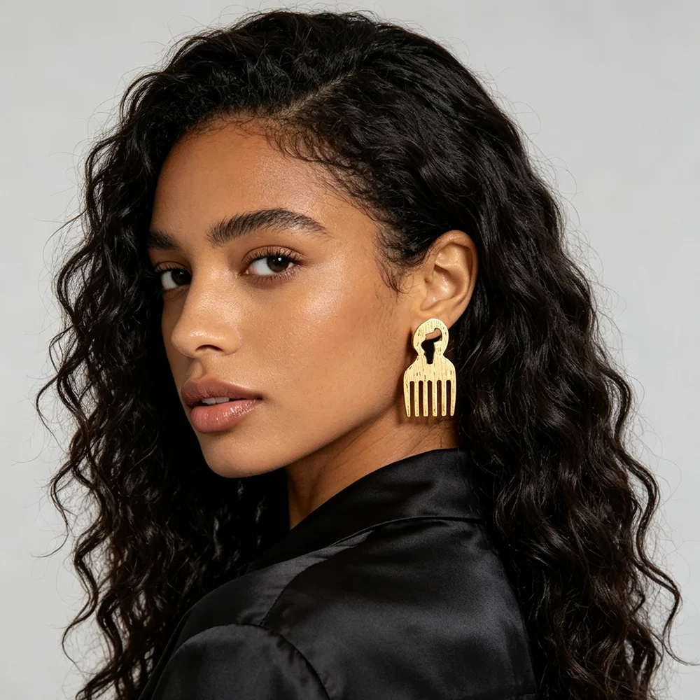 18K vergoldetes afrikanisches Kamm-Ohrringe- & Ring-Set für Damen, gebürsteter, strukturierter ethnischer Statement-Schmuck, Hochzeitsgeschenk – Detail 6