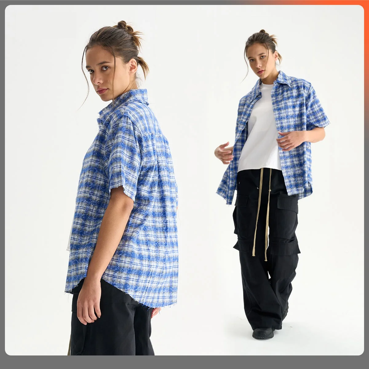 Men's Blue Retro Frayed Edges Plaid Shirt Fashion Oversized Vintage Dirty Clothes High Quality Batik Hip Hop Streetwear Unisex