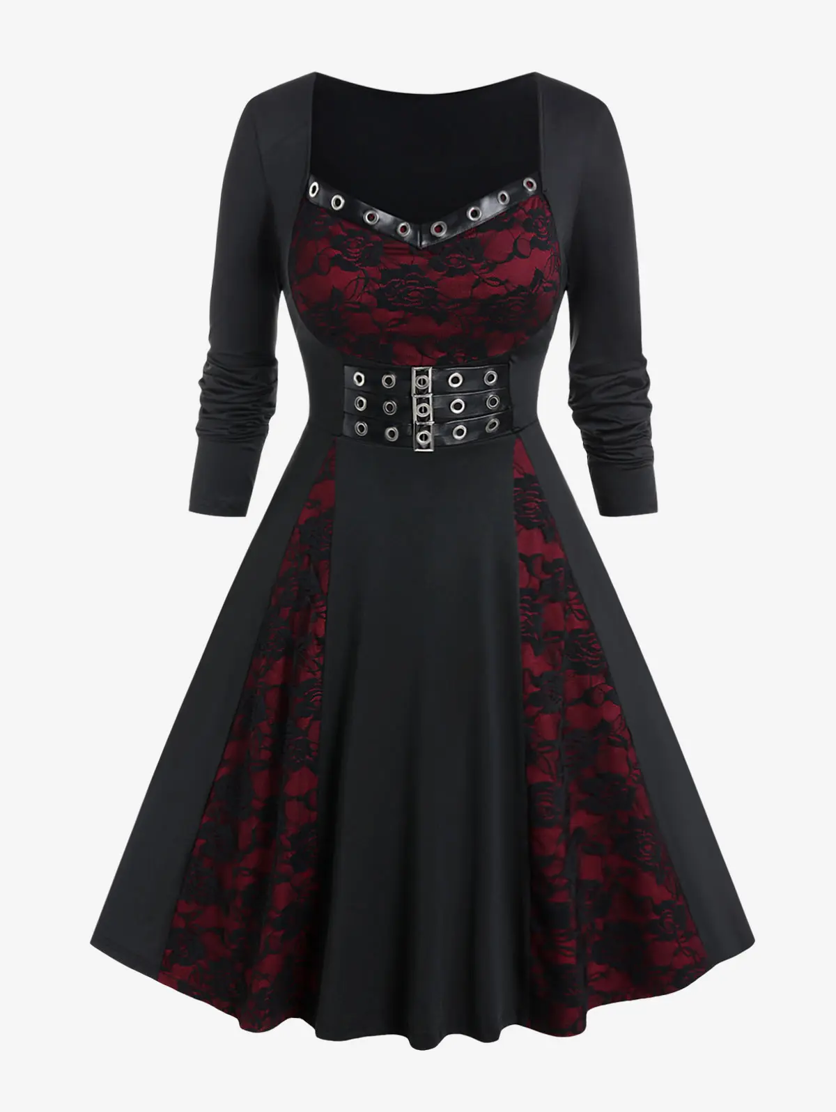 ROSEGAL Plus Size Gothic Dresses Women Black High Waist Lace Panel A-Line Dress, Short Sleeves Buckled Grommets Print Vestidos