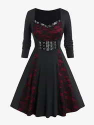 ROSEGAL Plus Size Gothic Dresses Women Black High Waist Lace Panel A-Line Dress, Short Sleeves Buckled Grommets Print Vestidos