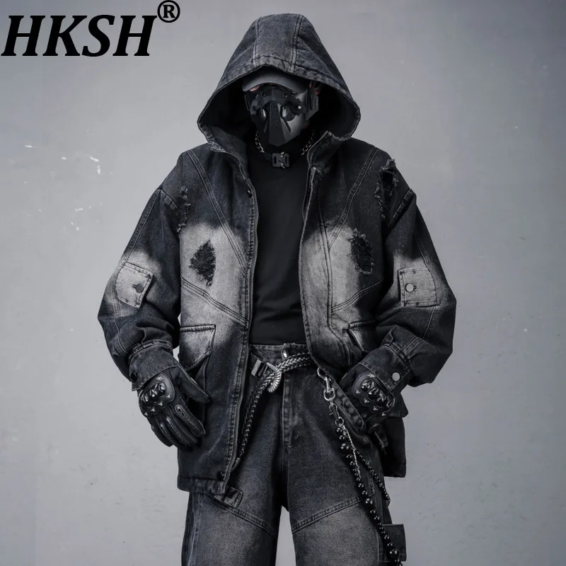 

Мужская джинсовая куртка HKSH Autumn Winter New, модель Waste Land, с эффектом сильной потертости и рваными краями, плотный деним, в стиле High Street, функциональная, темная, с капюшоном, HK18377