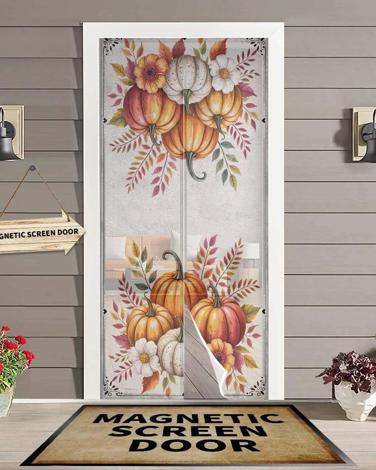 

Autumn Pumpkin Foliage Bloom Magnetic Door Curtain Living Room Bedroom Home Anti-mosquito Screen Door Curtain