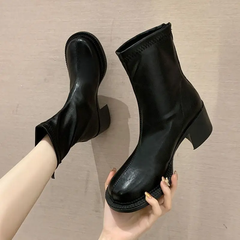 Short Shoes for Women Very High Heels Punk Style Booties Combat Female Ankle Boots White Footwear Heeled Round Toe Fashion 2024