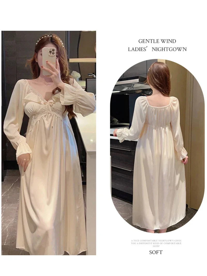 Women Spring Summer French Vintage Princess Sleepwear Long Silk Pajama Nightdress Fairy Ruffles Female Lace Victorian Nightgowns