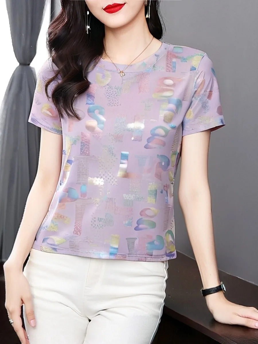 

Loose Fit Mommy Style Short Sleeve T-Shirt Letter Print Versatile Women's Summer Top Comfortable Polyester Fiber Casual Wear