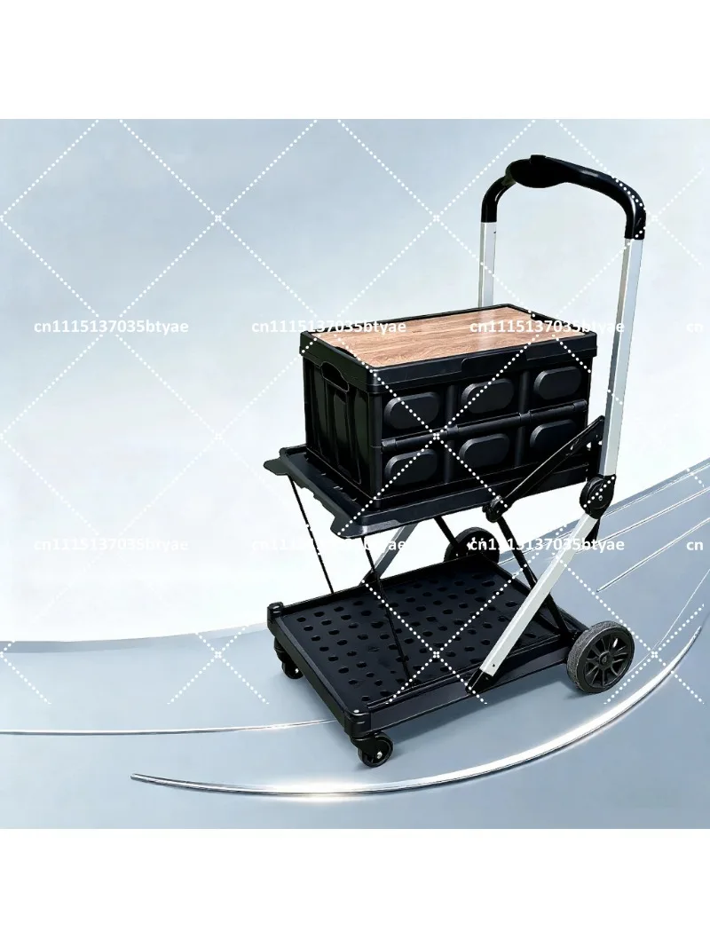 Portable Double-Layer Folding Trolley with Storage Box, Outdoor Camping, Shopping Cart, Multi-Functional Pulling Cart
