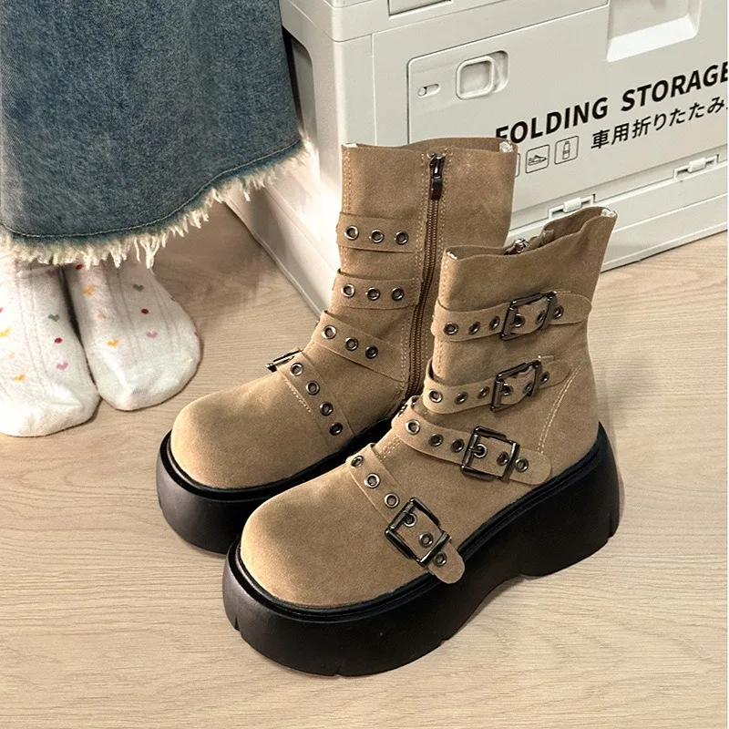 

Womens Belt Buckle Punk Locomotive Medium Tube Short Boots Women Side Zipper Fashion Gothicism Platform Knight Boots Botas Mujer