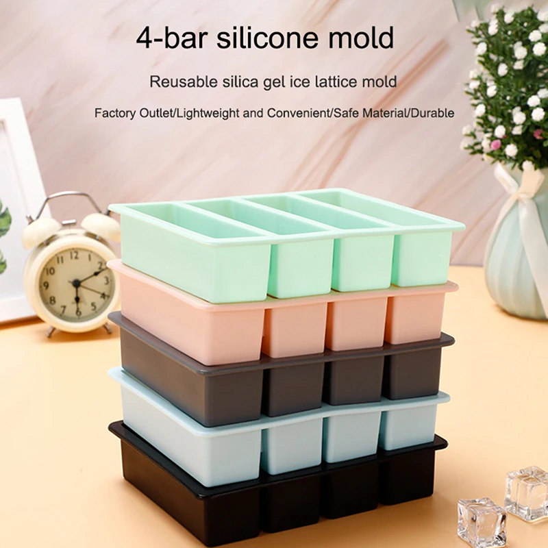 1Pc 4 Grid Long Strip Silicone Ice Cubes Rectangle Tray Mold DIY Non-Toxic Durable Wine Ice Cube Creative Cube Ice Mold