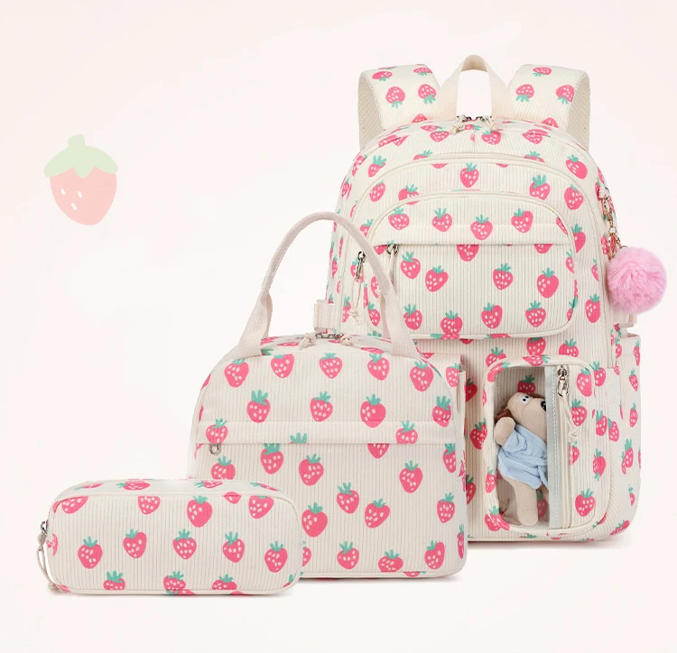 3/set Corduroy Backpacks Strawberry Multi-function Schoolbag Casual Travel Large Capacity Daily Lightweight Students School Bag