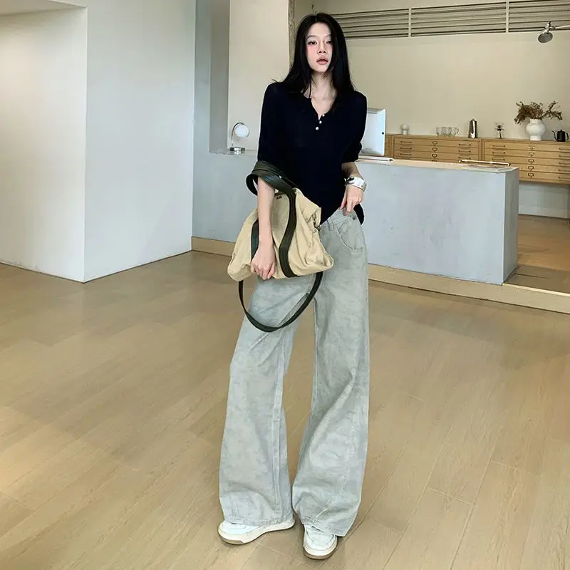 Tall Person with Extended Design Light Gray Straight Jeans for Women in Autumn High Waist Slimming Drooping Floor Pants Jeans