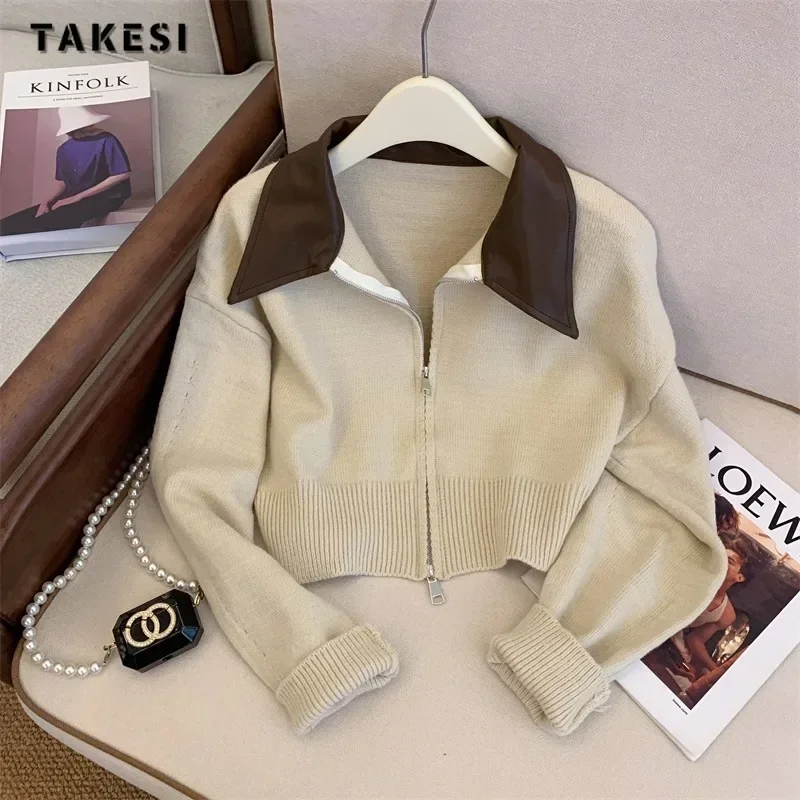 

2023 Winter Casual Office Lady Knitting Long Sleeve Cardigans Women's Fashion Round Neck Patchwork Zipper Chic Sweater Top