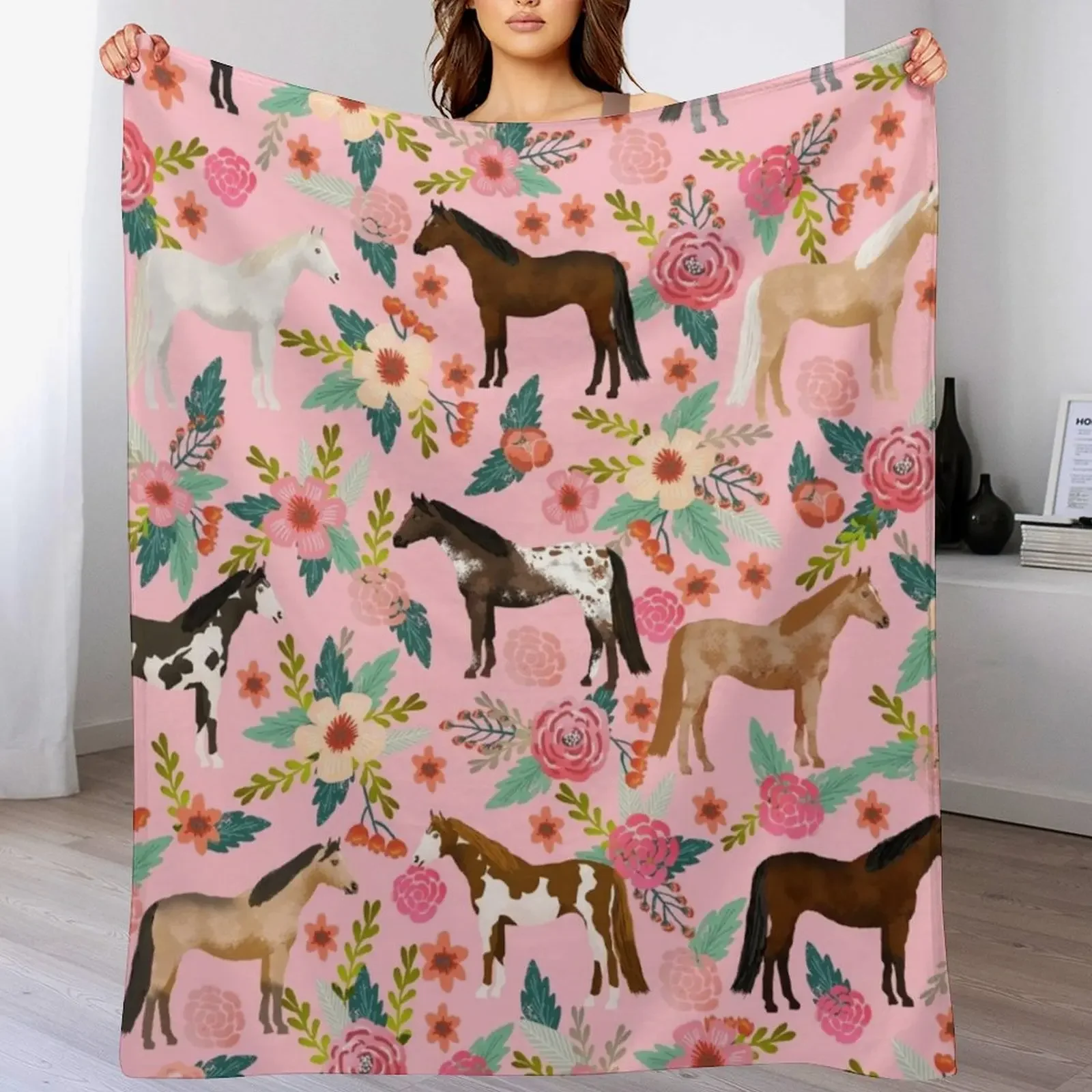 Horses floral horse breeds farm animal pets Throw Blanket Versatile Cozy Throw Blanket for All Occasions