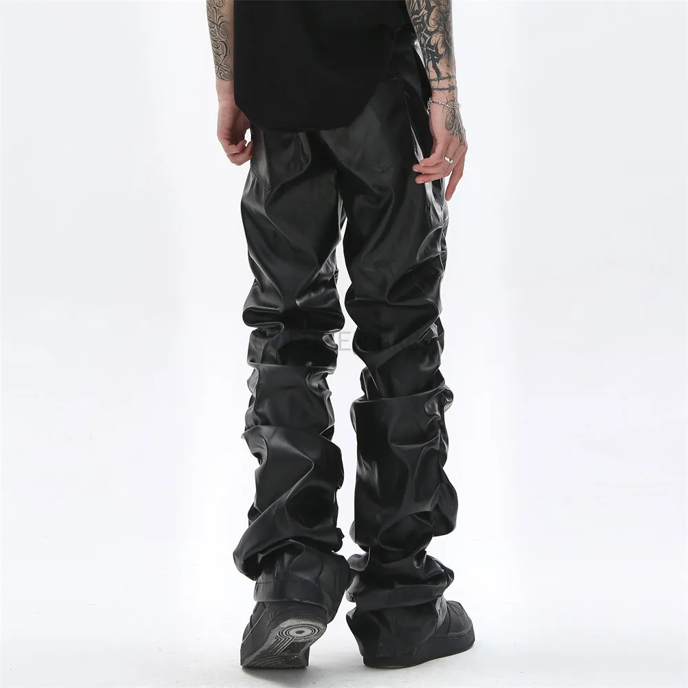 Designer Mens Pleated Pu Leather Pants High Street Trousers Y2k Hip Hop Punk Pants Casual Streetwear Grunge Clothes Black