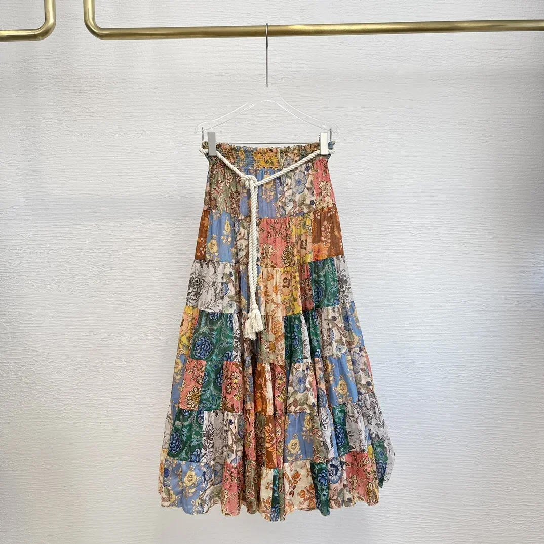 

New Collection Floral Printing Patchwork Waist Lace-up Women Casual Beach Style Midi Skirt