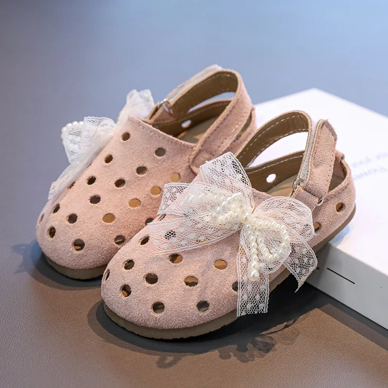 

Girl Outdoor Sandals Summer New Princess Sweet Kids Bowknot Causal Flat Sandals Solid Color Children Fashion Hollow-out Sandals