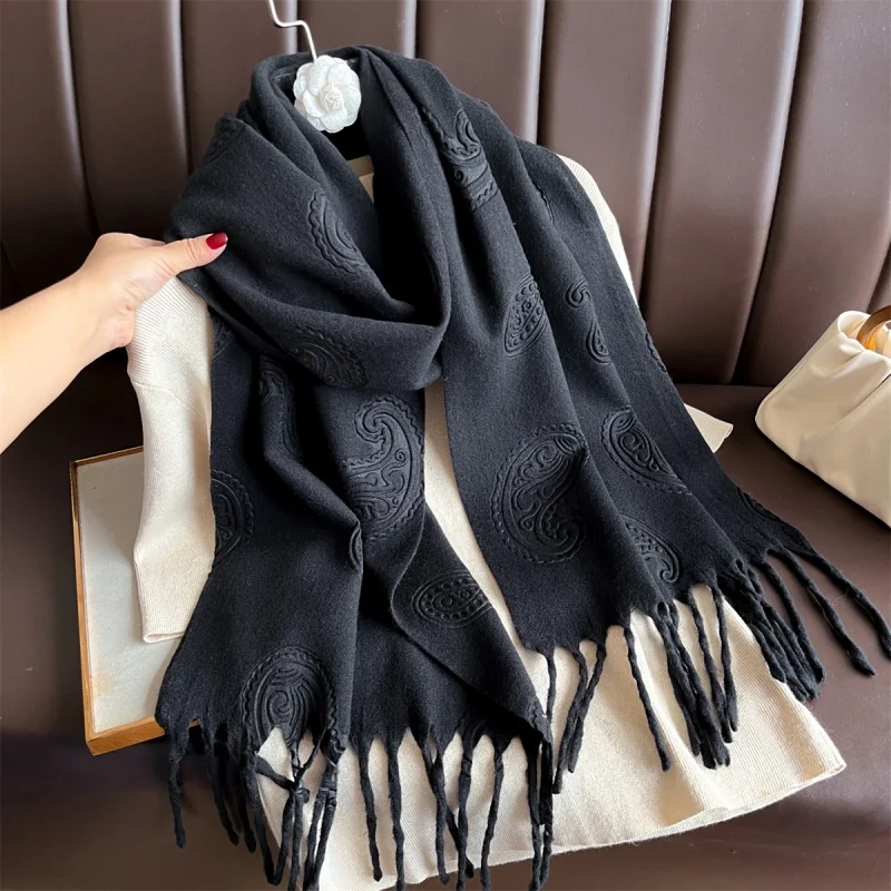 

Paisley Embossed Women's Winter Scarf Warm Cashmere Chunky Shawl Luxury Designer Tassels Pashmina Bufanda Lady Wrap Man Scarves