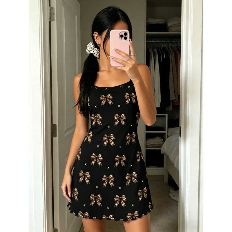 Women Summer Nightdress Spaghetti Strap Ruffle Trim Round Neck Home Loungewear Sleep Dress Cute Leopard Bow Print