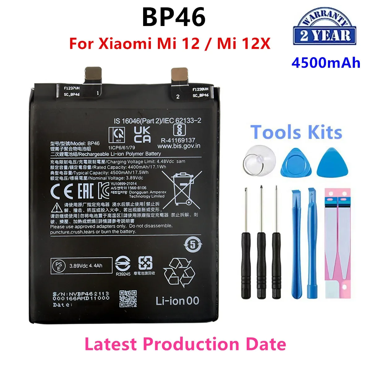 

100% Orginal BP46 4500mAh Battery For Xiaomi Mi 12 / Mi 12X Phone Replacement Batteries+Tools