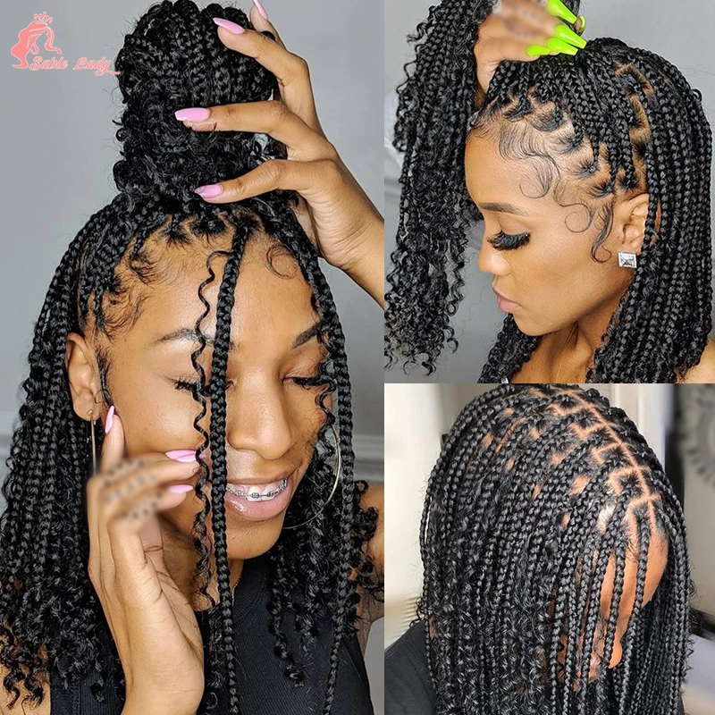 Sintético curto Bob trançando perucas de cabelo, perucas trançadas sem nós, deusa Bohemian Curly Braid peruca, transparente 360 perucas cheias do laço, caixa