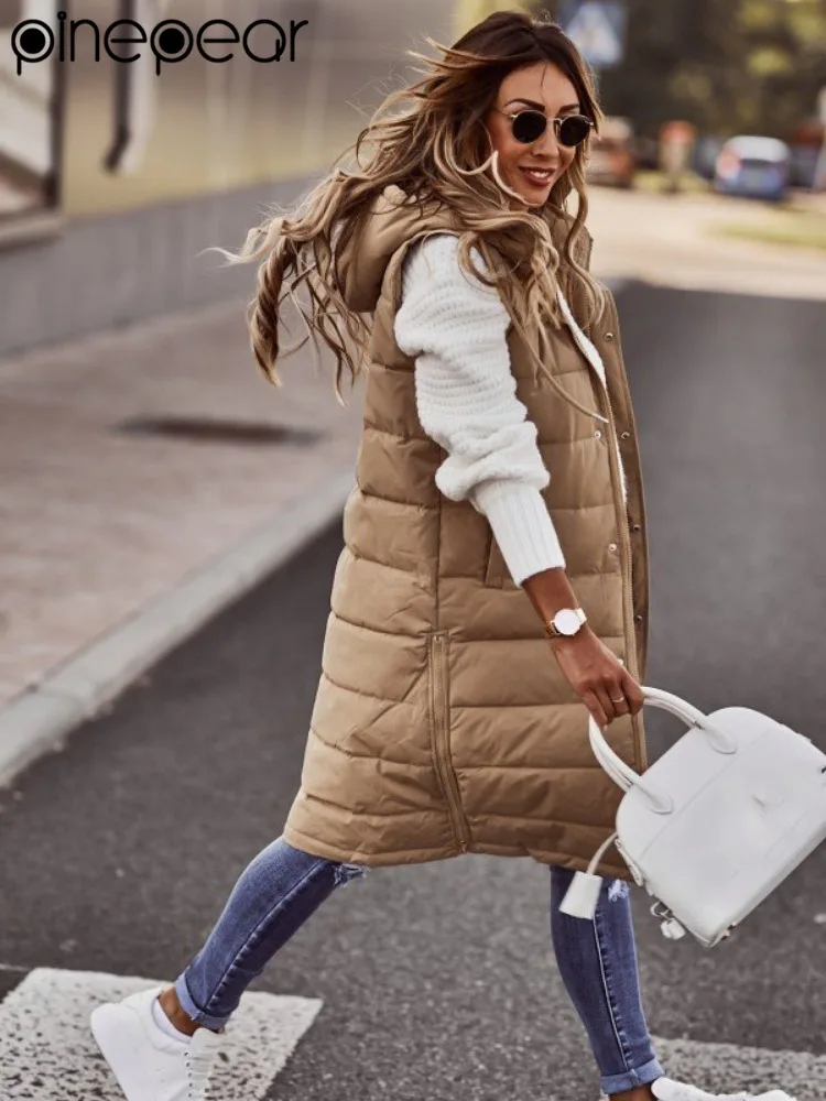 

2026 женский весенне-осенний жилет с подкладкой без рукавов и капюшоном средней длины, облегающий женский длинный зимний жилет на молнии с карманами