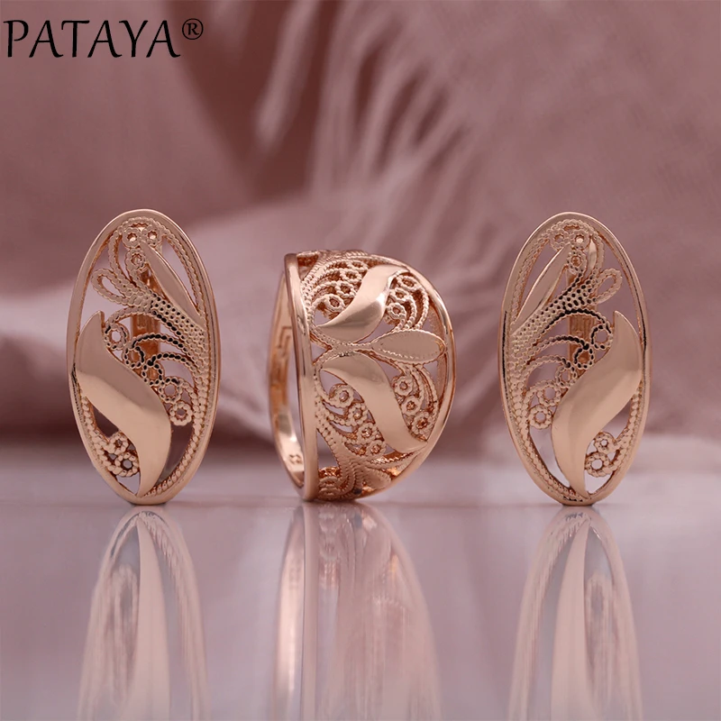 

PATAYA 585 Rose Gold Color Earrings Rings Hollow Set Luxury Anniversary Gift Women Fashion Jewelry Set