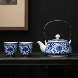 Jingdezhen-Chinese tea set, 1 pot, 2 cups, blue and white porcelain teapot and teacups, large size household drinkware