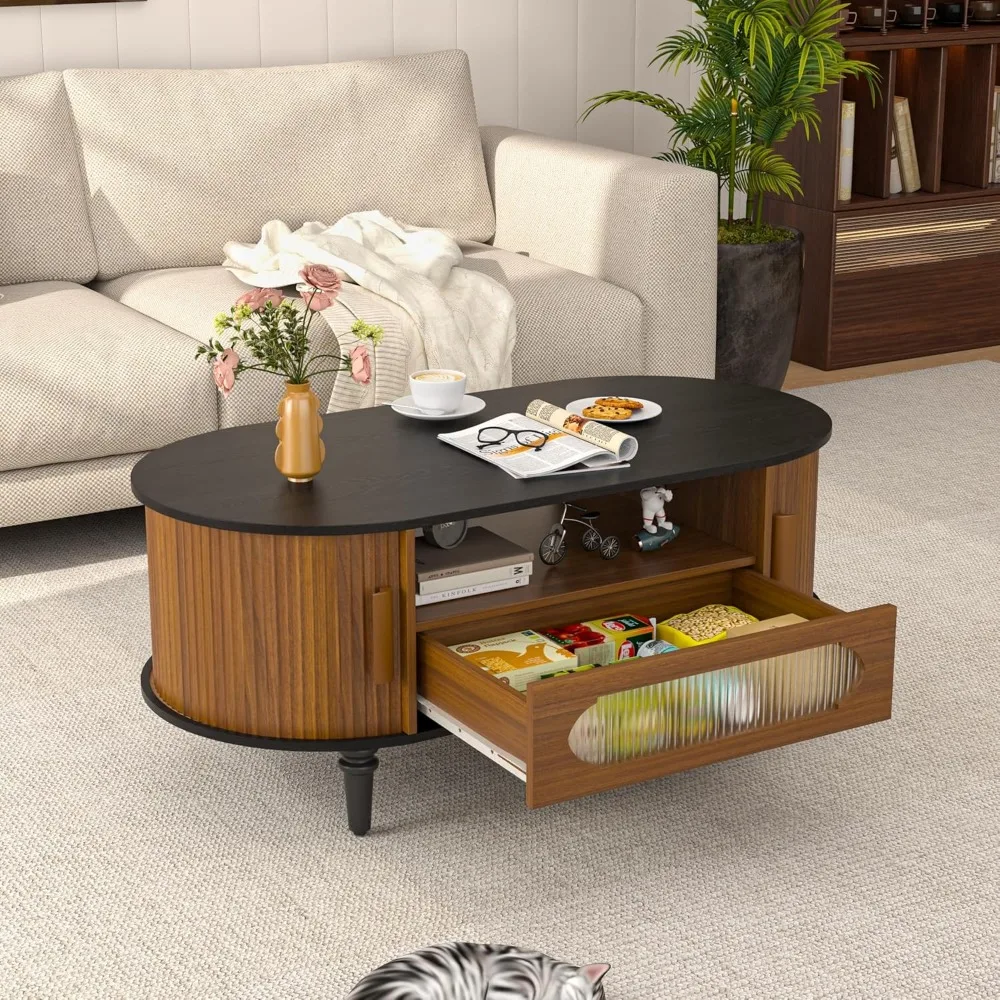 Fluted Round Coffee Table with Storage, Mid Century Modern Oval Coffee Table with Drawer, Sliding Door, Low Small Center Tables
