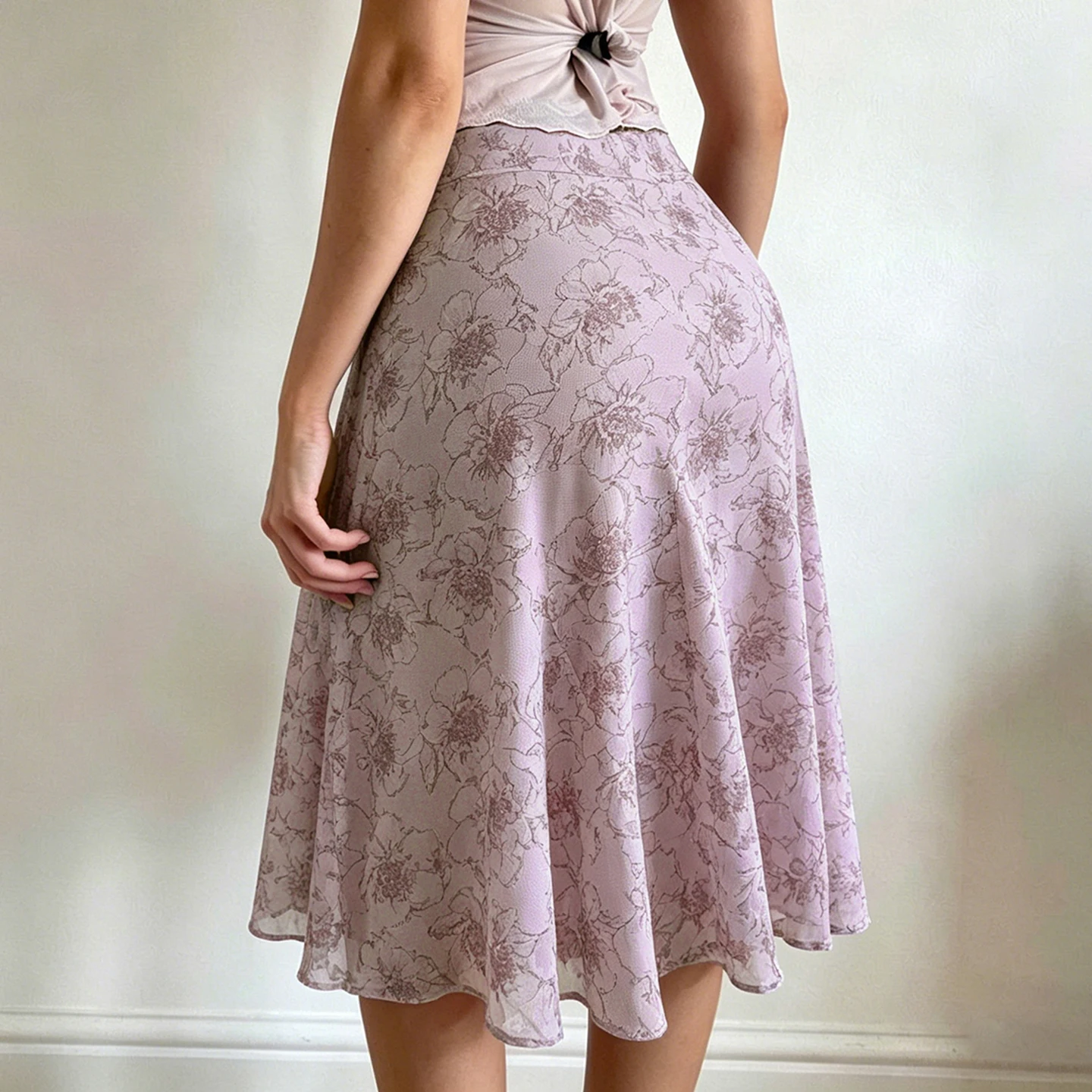 SUCHCUTE Vintage Doodle Floral Midi Skirt Contrast Ribbon Tie Waist Flowy A-line Swing Mid Length Skirt Women Holiday Bottoms image 3