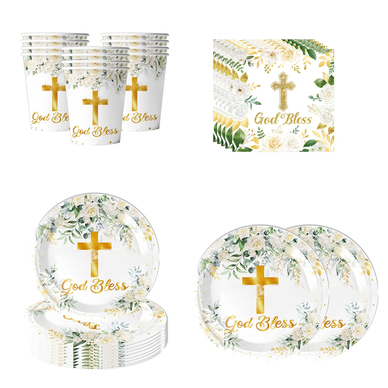 10Guests Eucharist Baptism Flower Cross Disposable Tableware God Bless Plates Napkin Jungle Baby Christening & Baptism Favor