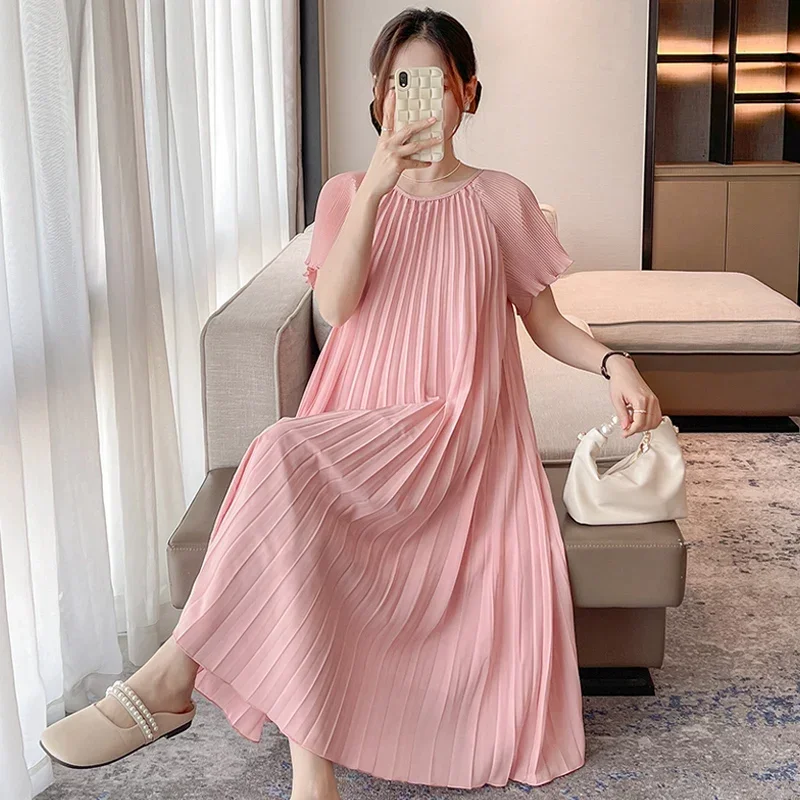 Beige Pink Sunmer Pregnant Woman Pleated Dress Plus Size Maternity Chiffon Dress Mid-Calf Pregnancy Clothes with Belt Wholesale