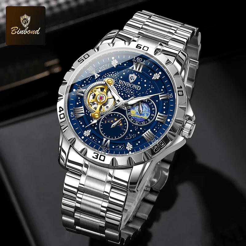 BINBOND Top Luxury Men Mechanical Watch Automatic Moon Phase Man Wristwatch Hollow Tourbillon Stainless Steel Men's Watches Male