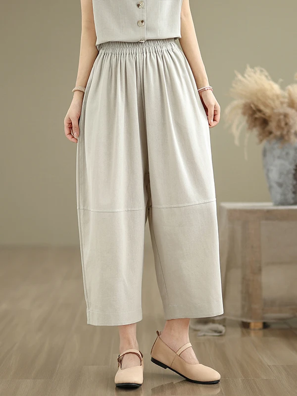 Modny komplet z czystej bawełny i lnu: top na ramiączkach z dekoltem w serek zapinany na guziki i spodnie o prostych nogawkach o długości 7/8 lub szerokich nogawkach, styl casual, dwuczęściowy...