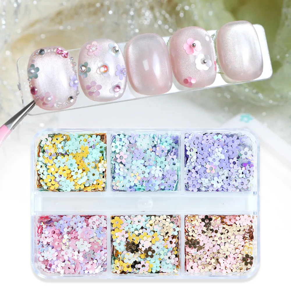6 Grids 4MM Pastel Flower Nail Sequins Solvent Resistant Glitter for Eyelash Decoration Quicksand Drop Glue DIY Nail Art Kit
