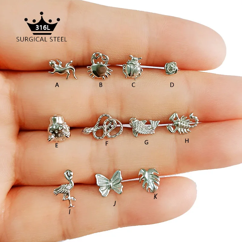 16G Snake Bee Scorpion Daith Conch orecchino pesce granchio insetto Tragus cartilagine Stud farfalla piuma fiore foglia Hliex Piercing