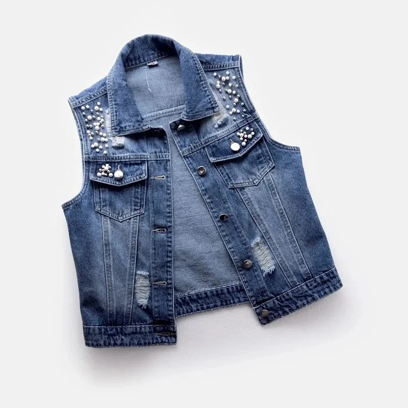 Denim Vest Female Spring Autumn New Thin Section Personality All-match Denim Waistcoat Womens Plus Size Loose Beaded Outwear 5XL