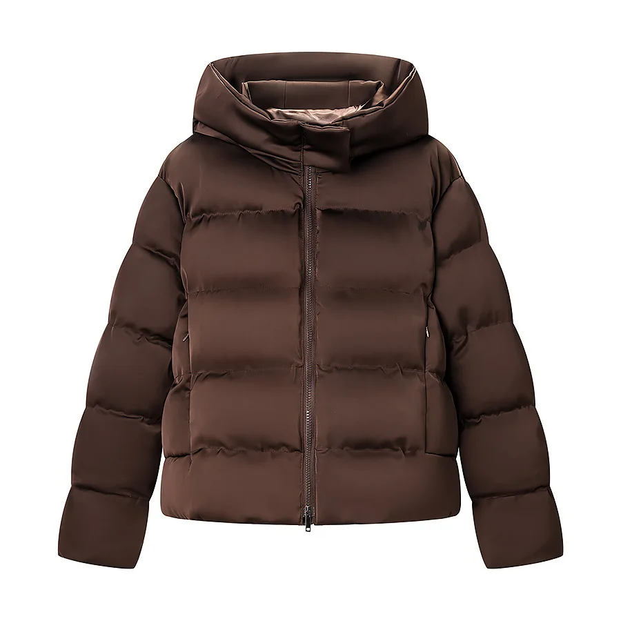 

Women's Fashion Casual Solid Color Short Cotton Padded Jacket Brown Hooded Jacket Zipper Side Pockets Warm Winter Coat FZB9