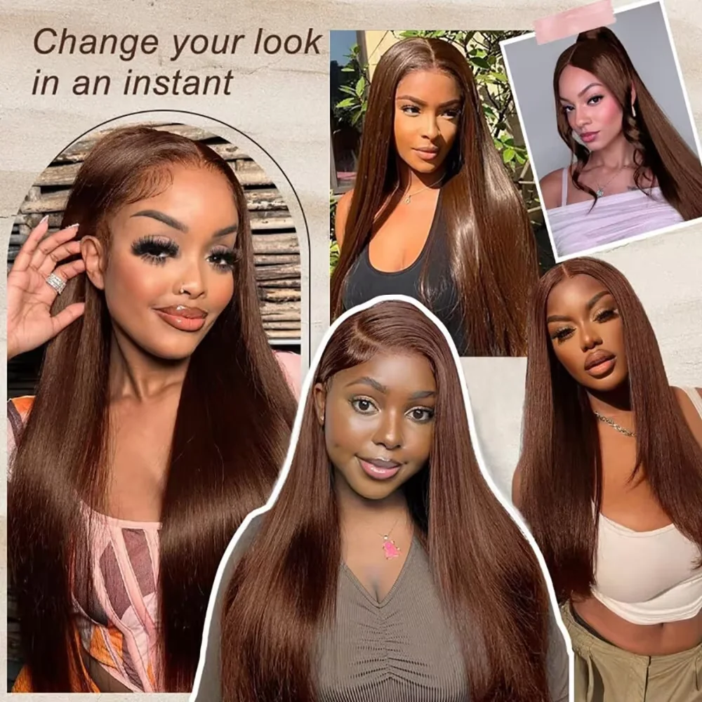 Brazilian 32 38 inch Chocolate Brown 13x4 HD Lace Front Human Hair Wigs Straight Glueless Lace Fontal Wig For Women Pre plucked