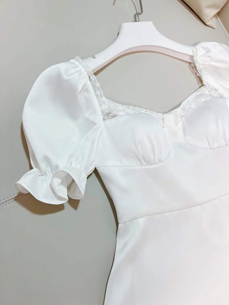 ชุดเดรสผ้าซาตินสีขาว Pure Desire คอเหลี่ยม แขนพอง กระโปรงทรงเอ สไตล์เรโทร สำหรับสาวๆ ฤดูร้อน