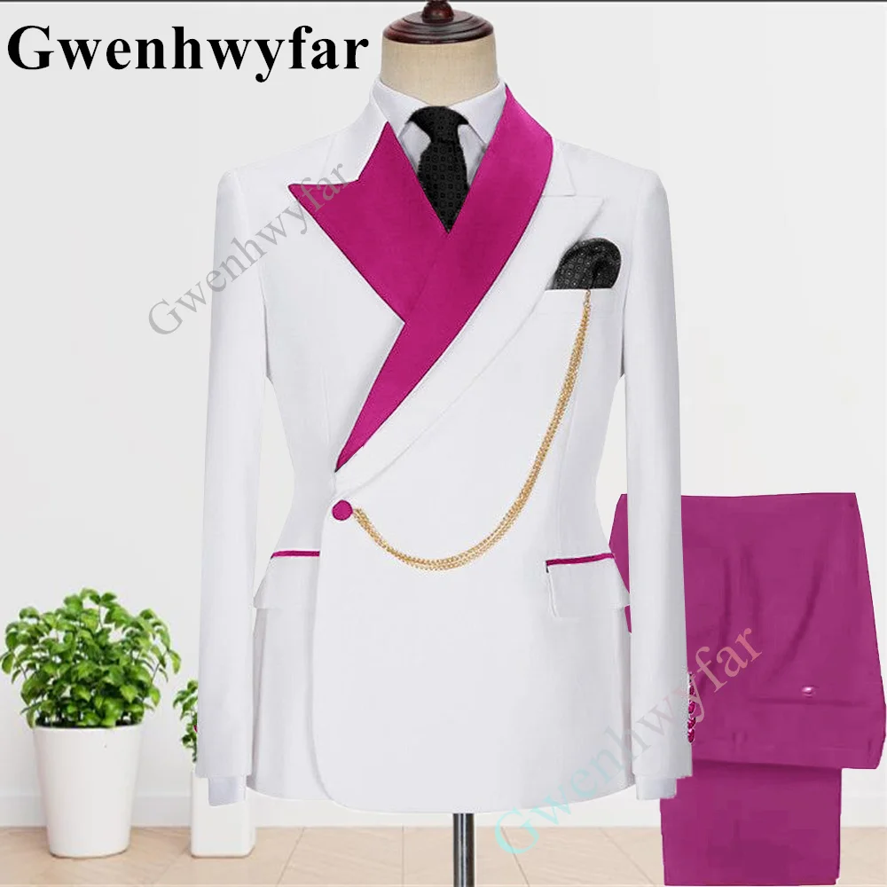 Gwenhwyfar 2023 New Coat Design Dapper Style Metal Side Red Buckle Rose Red Collar Men Suits 2 Pieces Set Dinner Wedding Party