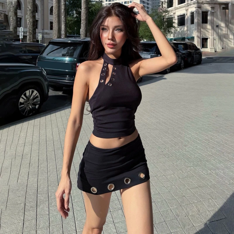 

Black street sexy spicy girl hollow out ring top short skirt two-piece set women's summer new sexy slimming personality set
