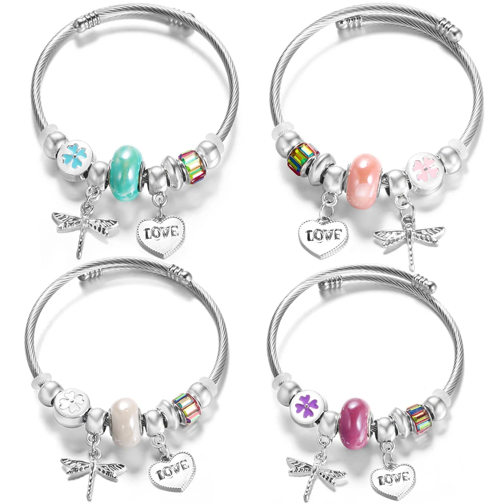 Trendy 4 Colors Heart Shaped Dragonfly Pendant Beaded Bracelet Closure Adjustable Bangles Stainless Steel Women Bracelet Jewelry