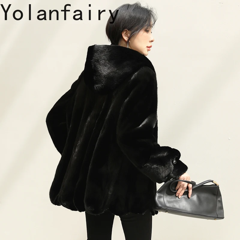 YOLANFAIRY Prawdziwa Kurtka z Naturalnego Futra Norki dla Kobiet Luksusowa Zimowa Kurtka z Naturalnego Futra z Kapturem Ciepłe Prawdziwe Czarne Futra Casaco