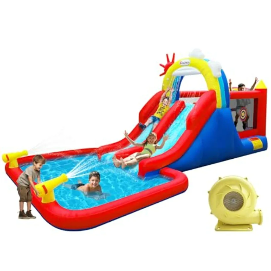 Outdoor inflatable bounce house for kids with water slide, air blower, double slides, trampoline, climbing wall, ball pit and w