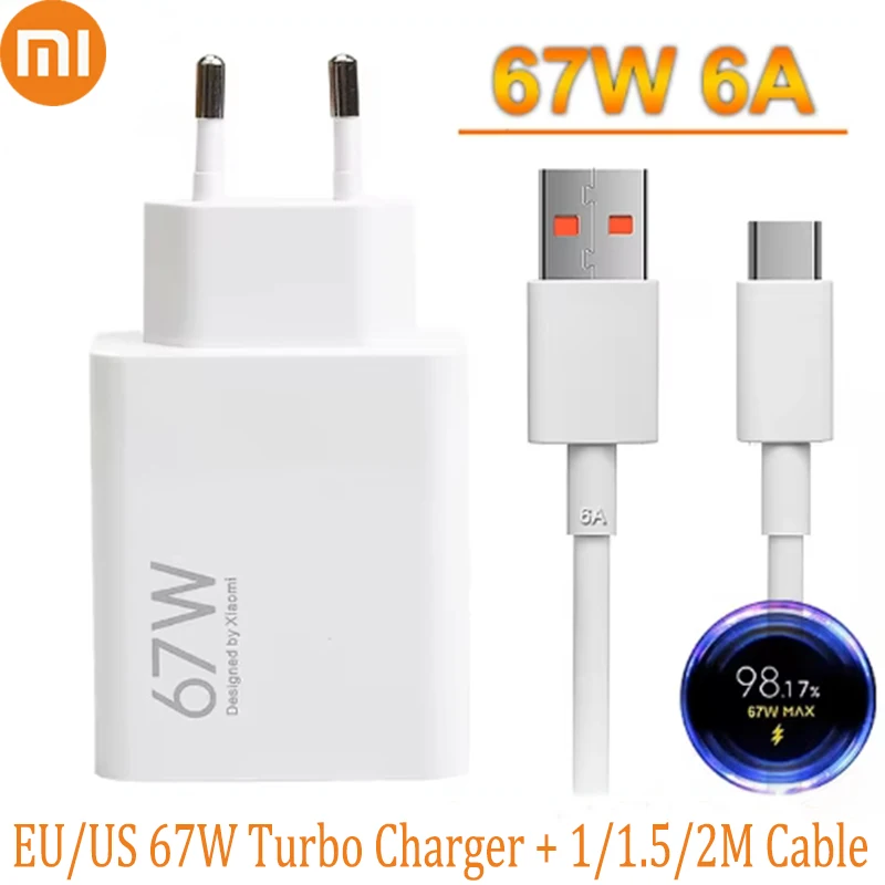 Original Xiaomi 67W Turbo Fast Charger EU/US Plug 6A 1/1.5/2M Type C Cable For Mi 11 12 13 T 14 Ultra Redmi K40S K50 Note 12 Pro